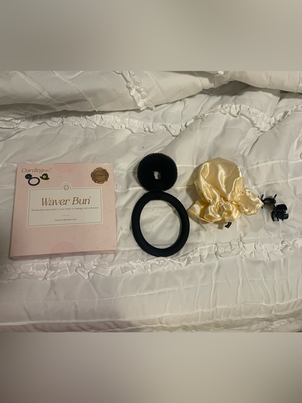 Waver Bun Hair Styling Kit - Cream Satin Scrunchie & Black Accessories